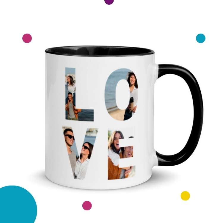 taza con fotos dentro de la palabra ''love''