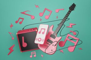 guitarra electrónica y notas musicales