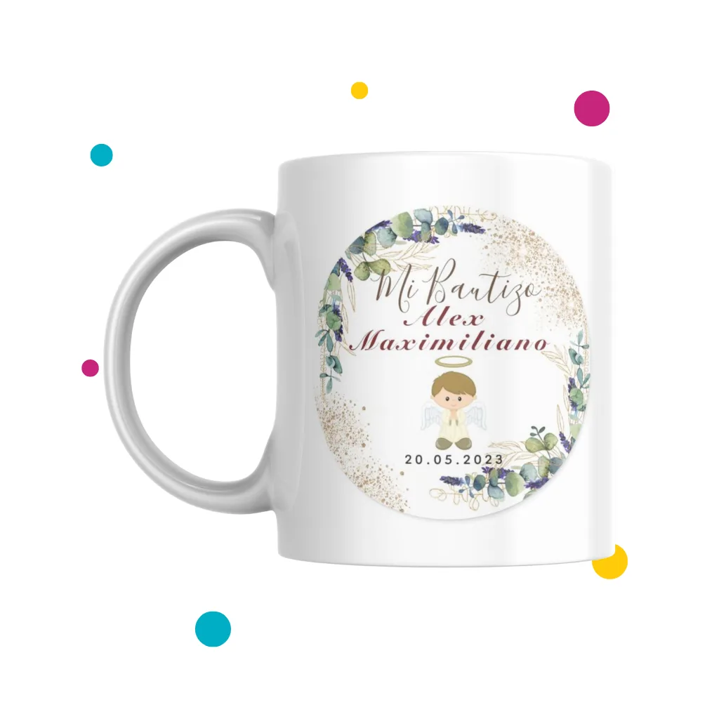 Tazas que dice ''mi bautizo, Alex Maximiliano''