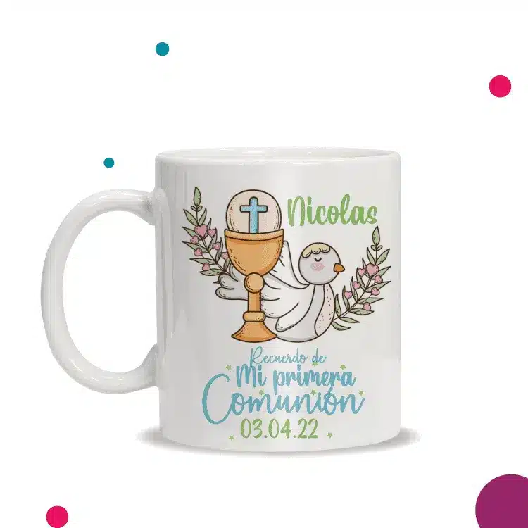 Taza para recuerdo de la primera comunión de Nicolas el 03/04/22 es una de las tazas para recuerdos