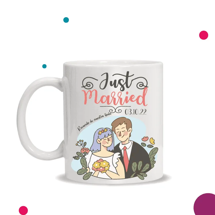 diseño de tazas para boda con dibujo de recien casados