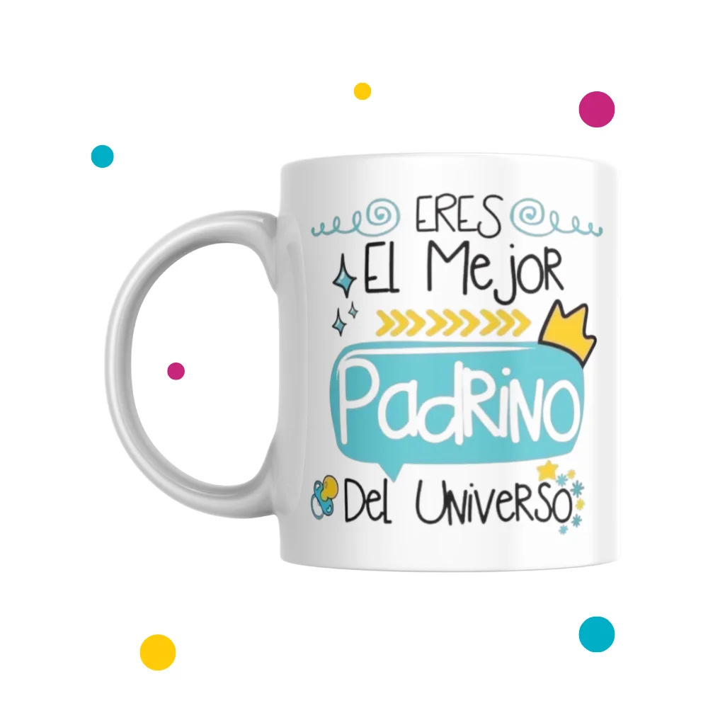 taza de padrinos con frase: Eres el mejor padrino del universo