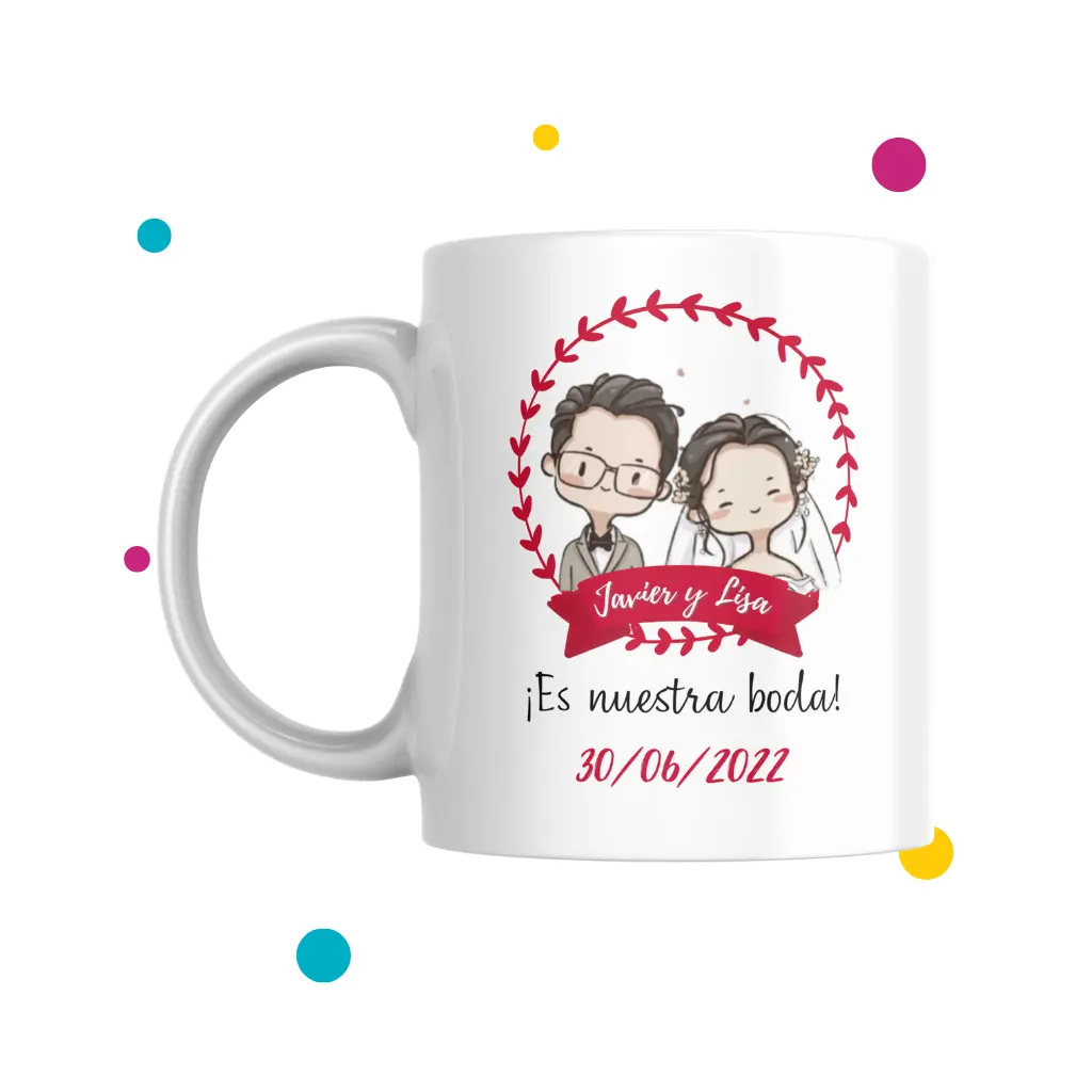 tazas personalizadas para boda con dibujo de recien casados