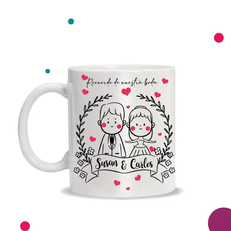 taza para boda con dibujito de pareja