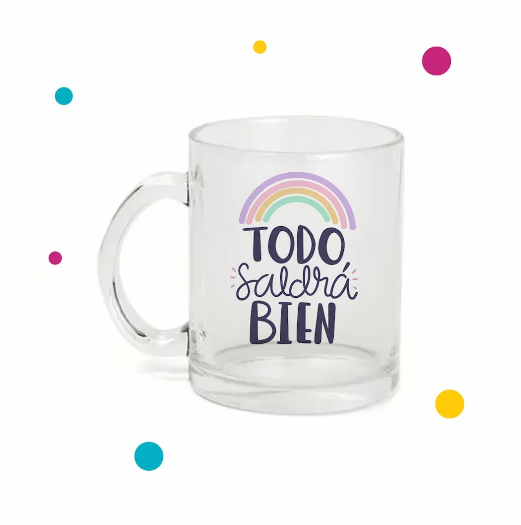 tazas de vidrio transparente con frase "todo saldrá bien"