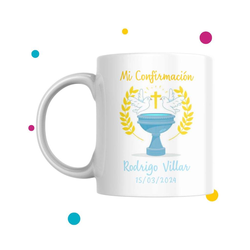 tazas para confirmacion con dibujo de dos palomas y una cruz que dice ''mi confirmación, Rodrigo Villar''