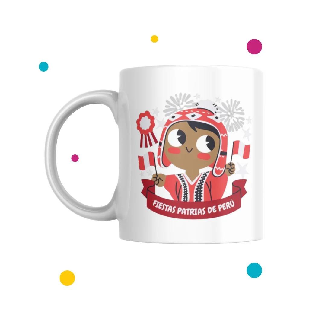 tazas para fiestas patrias donde se ve el dibujo de una persona con prendas típicas del Perú