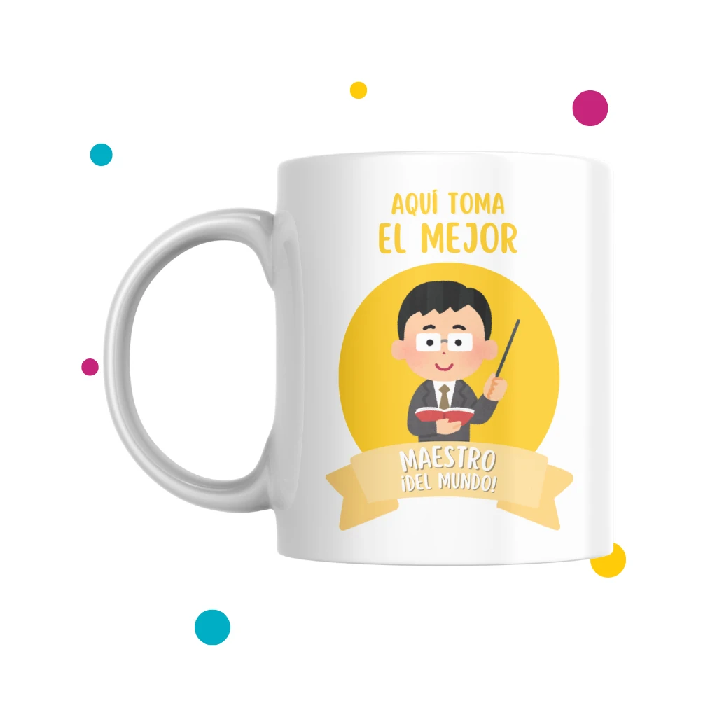tazas para maestros donde se ve un dibujo de un profesor