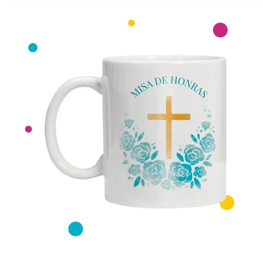 Taza de difunto para recuerdo, con ilsutración de colores celestes.