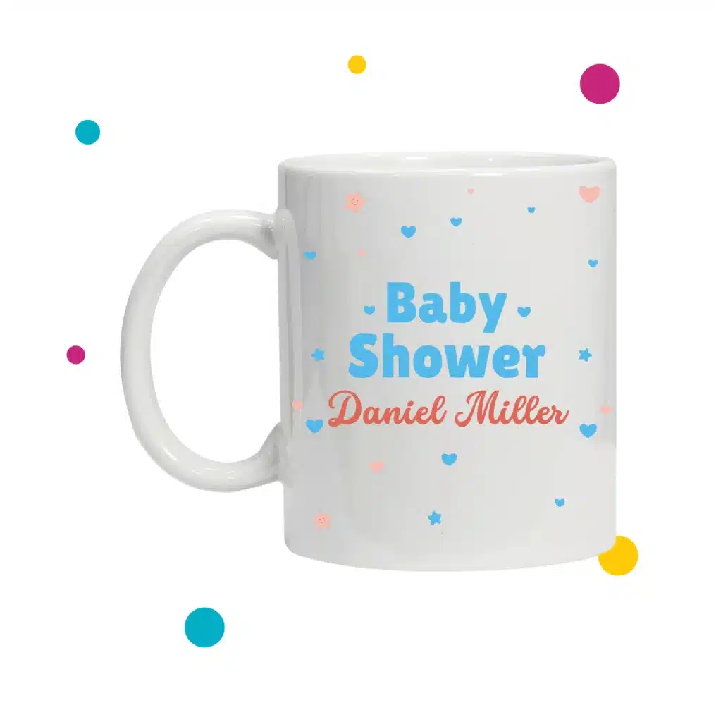 Taza con motivo de baby shower, modelo simple de puntos.