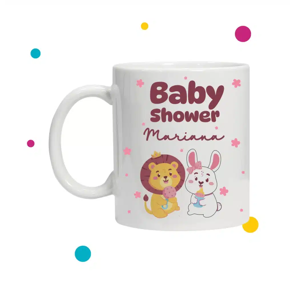 Taza personalizada de baby shower, con ilustración de león y conejo.