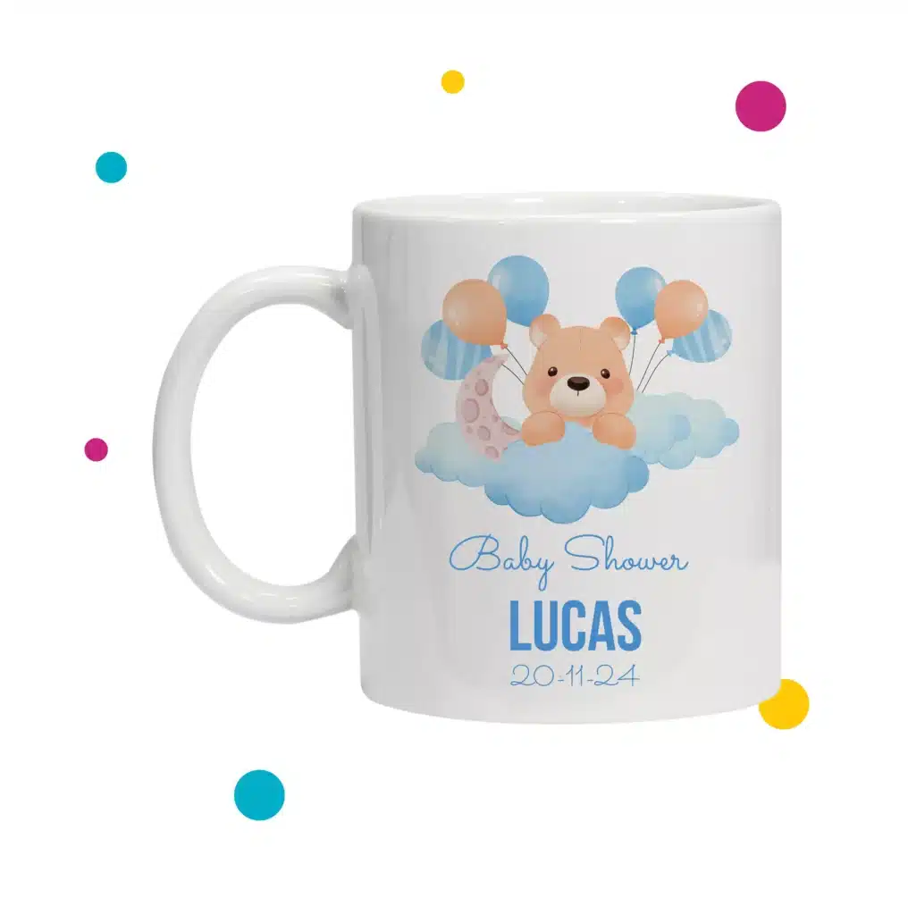 Taza de baby shower, con ilustraciones de pequeño animal con globos y nombre