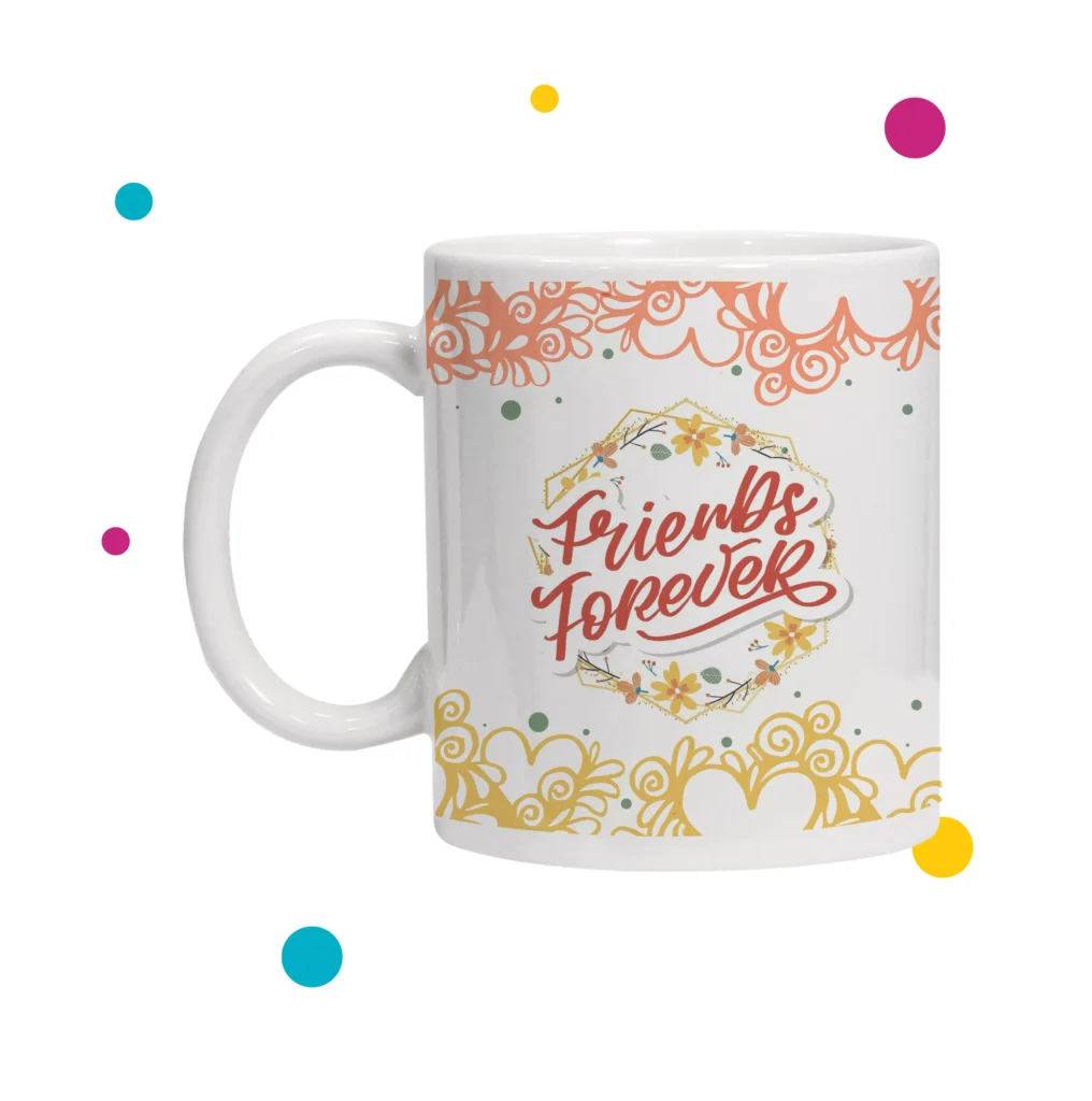 Taza personalizada para amigos en colores rosados y amarillos.