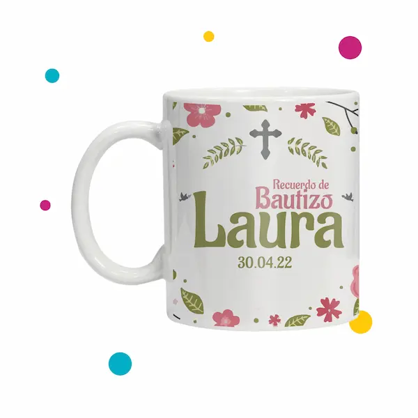 Taza que dice recuerdo de bautizo Laura con color dorado y rosado
