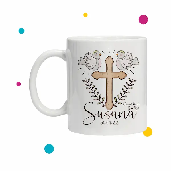 Taza con cruz y pájaros que dice ''recuerdo de bautizo de Susana''