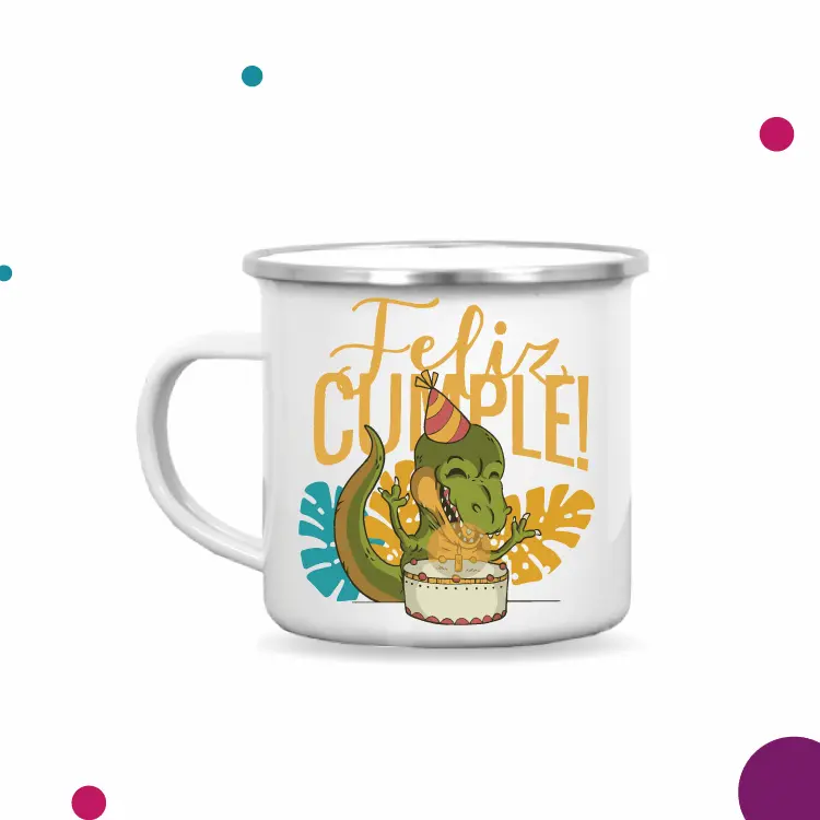 Taza para cumpleaños de dibujo de cocodrilo y frase ''feliz cumple''