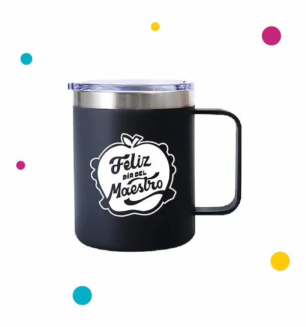 Taza termica con dibujo de manzana y frase que dice ''feliz día del maestro''