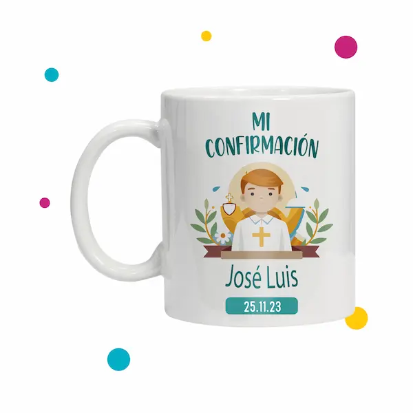 Linda taza con ilustracion que dice ''mi confirmación Jose Luis''.