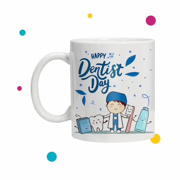 Tazas para dentistas​ con dentista animado con elmentos de dentistas para regalar por el día del dentista
