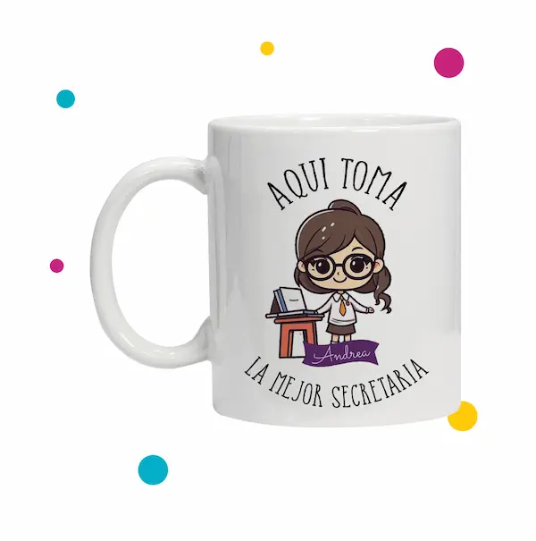 Tazas con dibujo de una secretaria y frase que dice ''aquí toma la mejor secretaria''