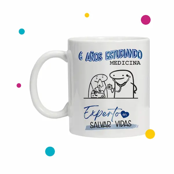 Taza para estudiante de medicina que dice ''seis años estudiando medicina, experto en salvar vidas''
