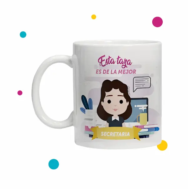 Taza con dibujo de secretaria y frase que dice ''esta taza es de la mejor secretaria''