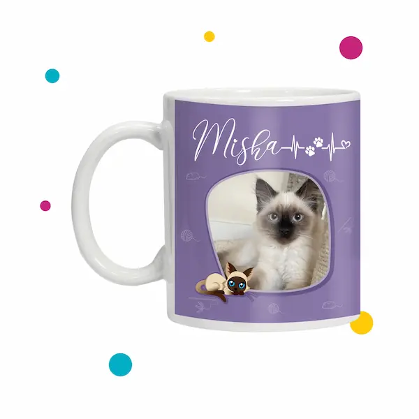 Taza gato color morado con foto de un gatito bebé