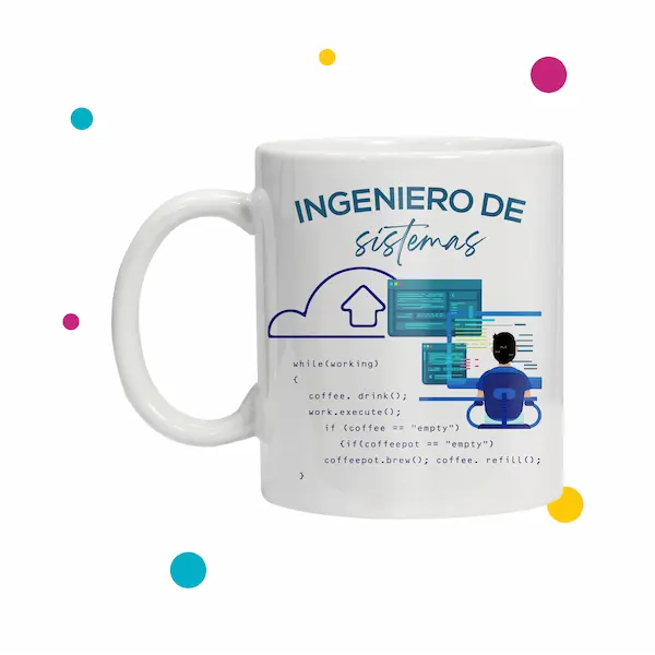 Taza para ingenieros de sistemas que tiene ilustración de computadora y códigos de programación