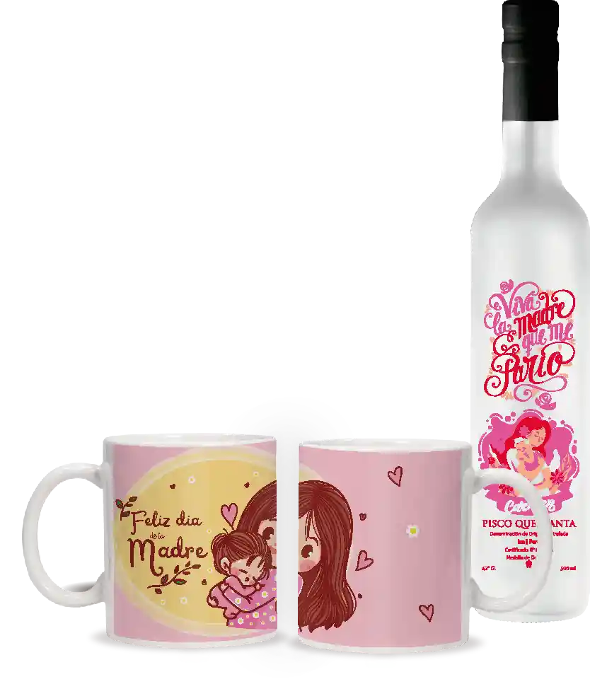 2 tazas personalizadas y un pisco personalizado por día de la madre