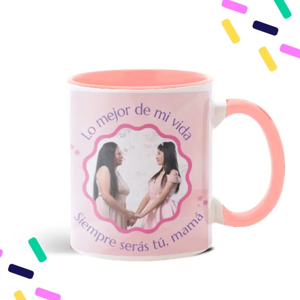 Taza de asa e interior color rosado con foto y frase