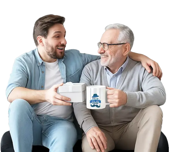 padre e hijo con su taza personalizada para el dia del padre